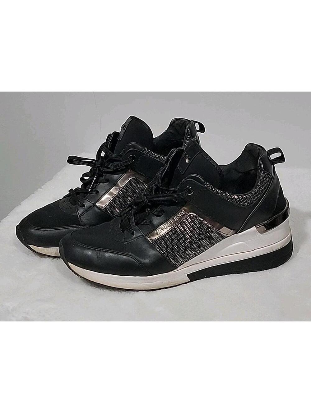 Michael Kors Georgia Mixed-media Wedge Sneakers In Black Size 9 - Picture 4 of 9